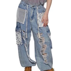 Pol Distressed Blue Jeans with Lace Accents